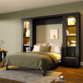 Queen Size Murphy Bed with Desk, 2 Sides Storage Cabinets, Shelf, Black Y529
