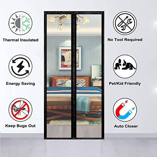 Transparent Insulated Door Curtain, Magnetic Thermal Door Cover, Self-Closing Magnetic Screen Door, Fits Doors up to 38" x 82" M3627