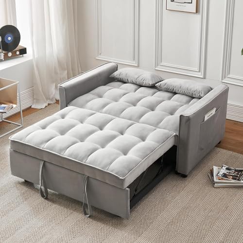 Beige Velvet Convertible Sleeper Sofa Bed J781430