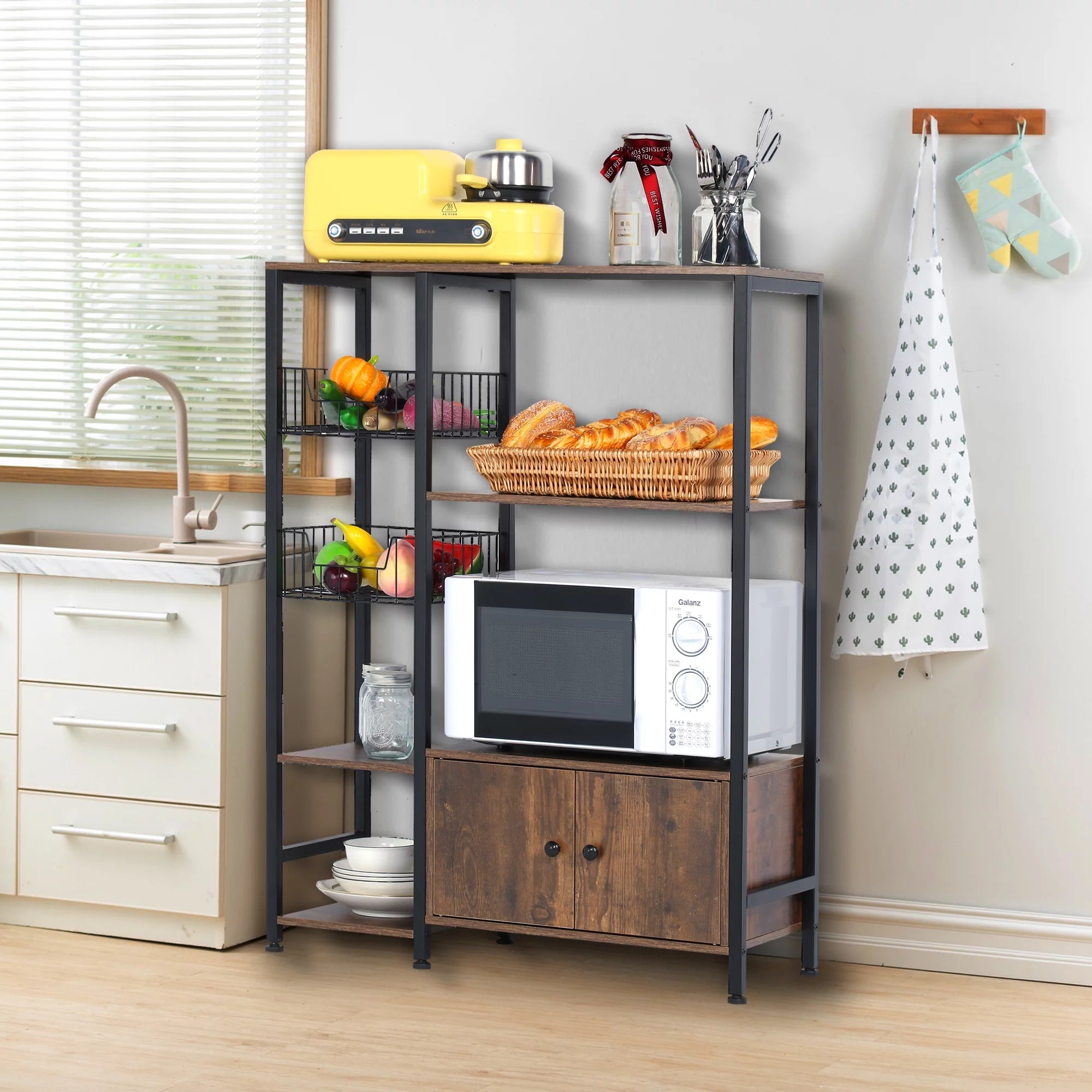 5-Tier Wood Brown Kitchen Bakers Rack with Cabinet R71854