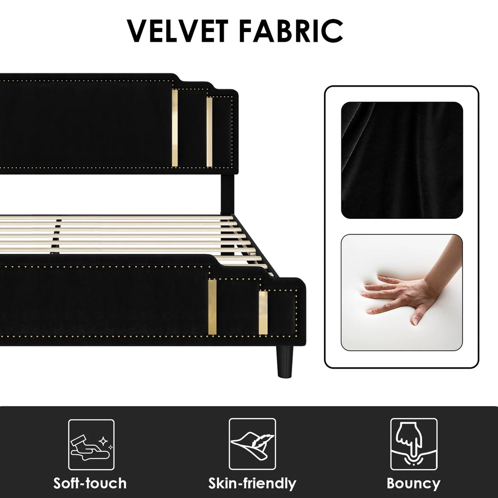 Black Velvet Queen Bed Frame with Adjustable Headboard F232