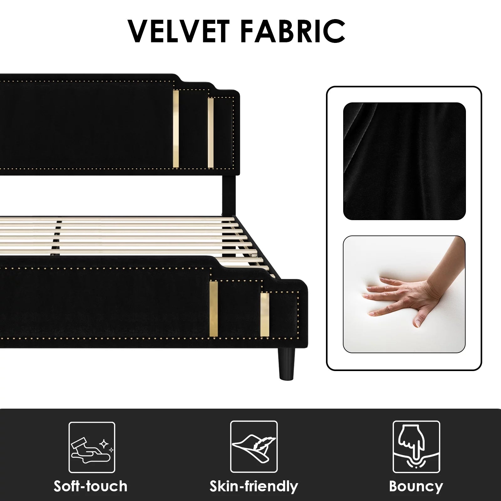 Black Velvet Queen Bed Frame with Adjustable Headboard F232