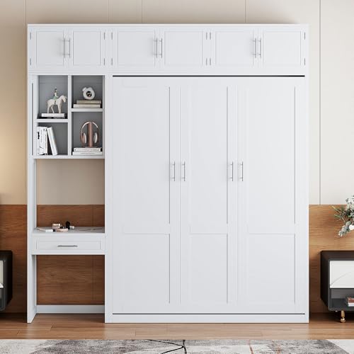 White Full Size Wall Murphy Bed with Built-in Desk & Shelves L502