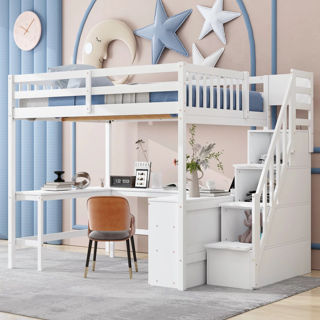 White Wood Full Size Loft Bed with Desk and Storage Staircase L769628