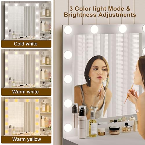 White Vanity Desk with Mirror and 12 LED Lights, 4 Drawers, Padded Stool with Storage L1443