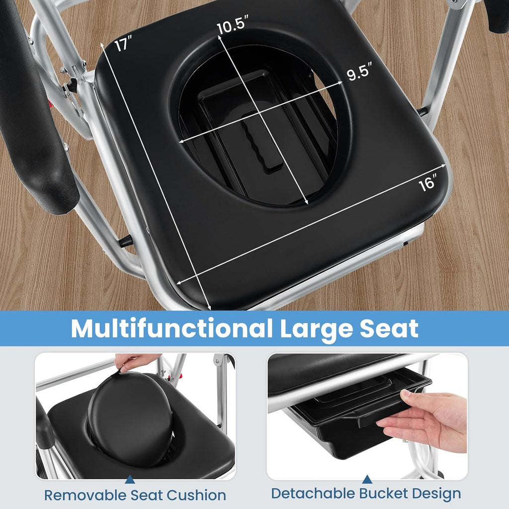 Foldable Shower Chair with Arms, Lockable Casters, Detachable Bucket T3459