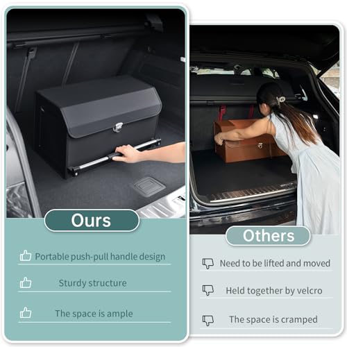 Car Organizer Trunk, Durable Collapsible Leather Trunk Organizer with Lid and Sturdy Handle, Auto Cargo Storage Compartments (11.4 x 27 x 12.2, Black) Z8227