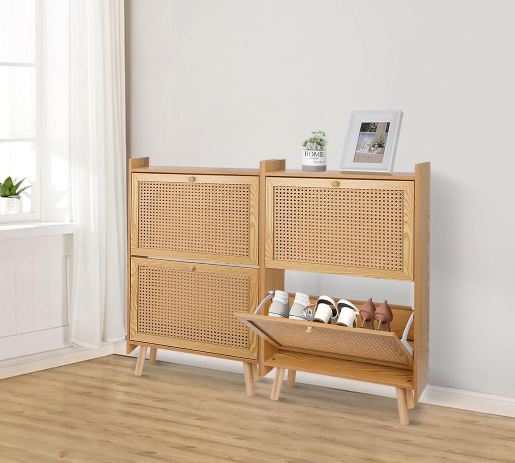 Brown Wooden Shoe Storage Cabinet with 2 Flip Drawers Rattan H1765