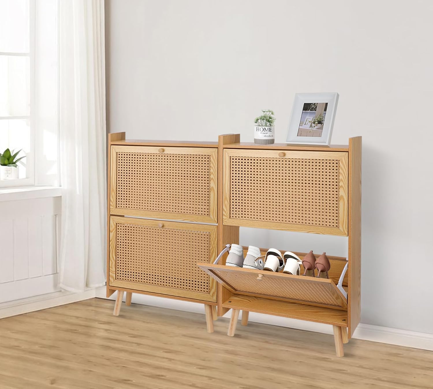 Brown Wooden Shoe Storage Cabinet with 2 Flip Drawers Rattan H1765