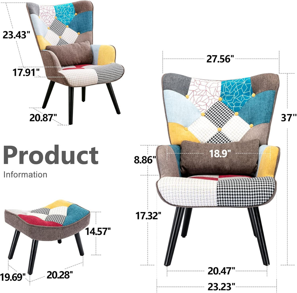 Patchwork Accent Chair with Ottoman, Wooden Legs K590412