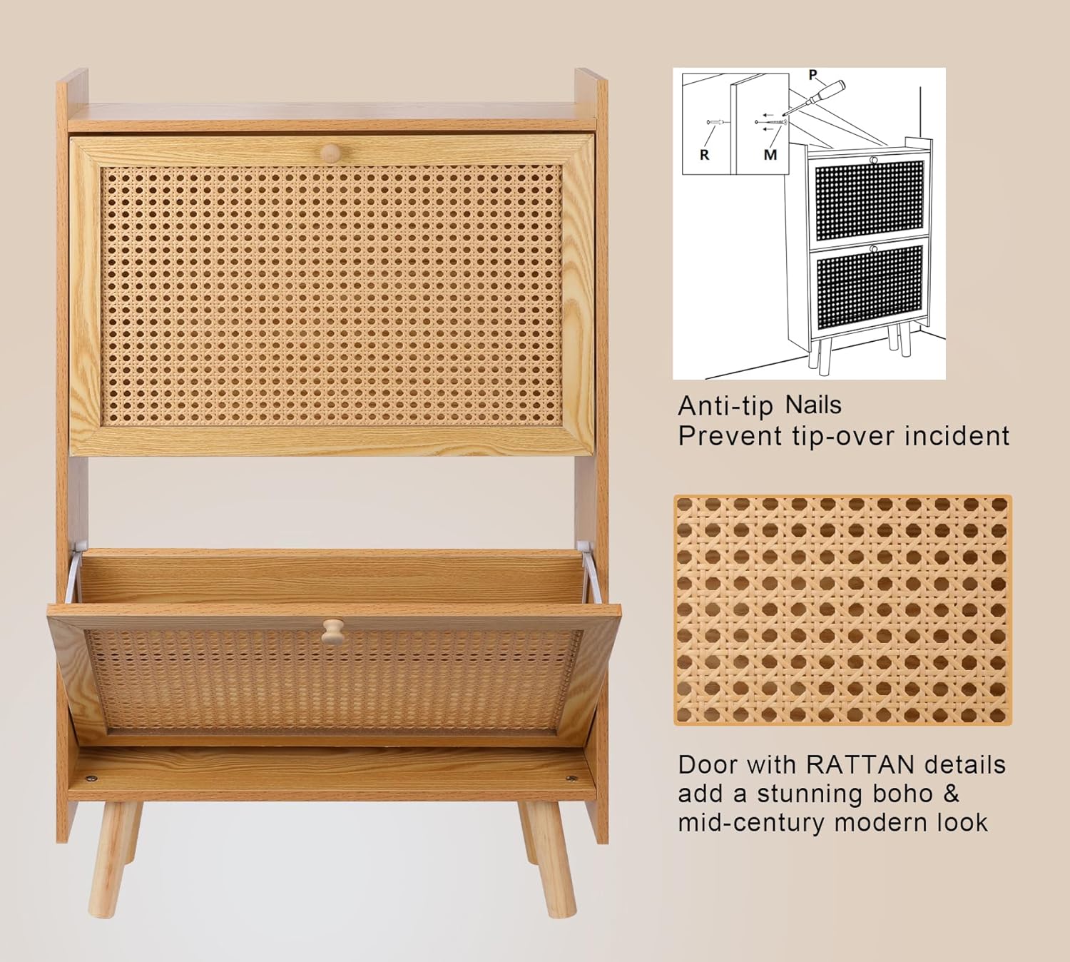 Brown Wooden Shoe Storage Cabinet with 2 Flip Drawers Rattan H1765