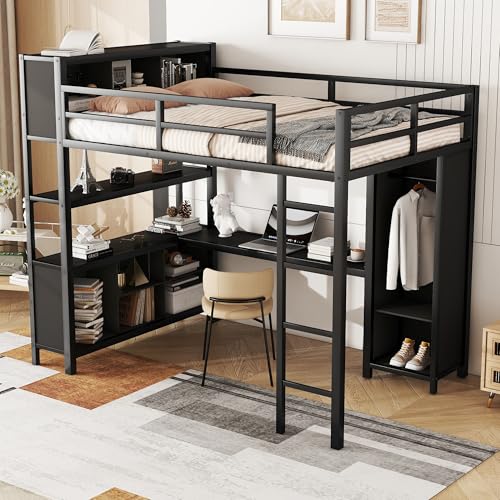Black Full Size Metal Loft Bed with Wardrobe and L-Shaped Desk I308