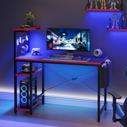 Black Carbon Fiber Gaming Desk with LED Lights and 4 Tiers Reversible Shelves Y71611