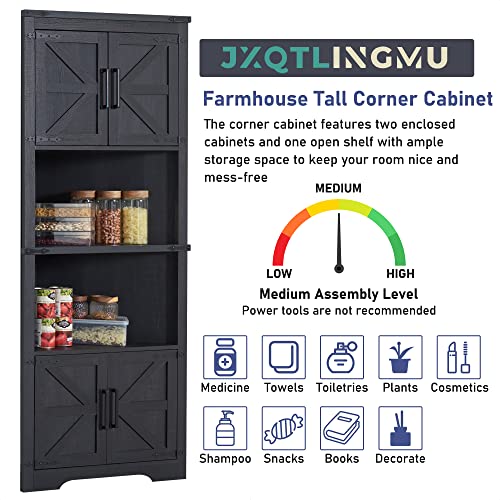 Black Tall Corner Storage Cabinet with Barn Door Design & Adjustable Shelves E73946
