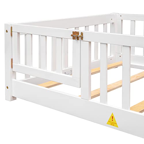 Gray Twin Size Wooden Floor Bed with Safety Guardrails and Slats Y4817