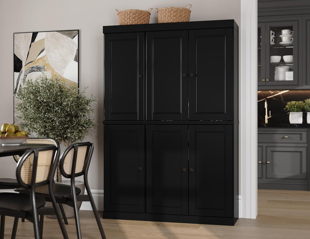 100% Solid Wood Pantry Cabinet, 6 Wood Doors, Black E499381
