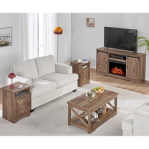 5-Piece Farmhouse Table Set with Fireplace TV Stand, Coffee Table, Two End Tables, Charging Station and USB Ports D937624
