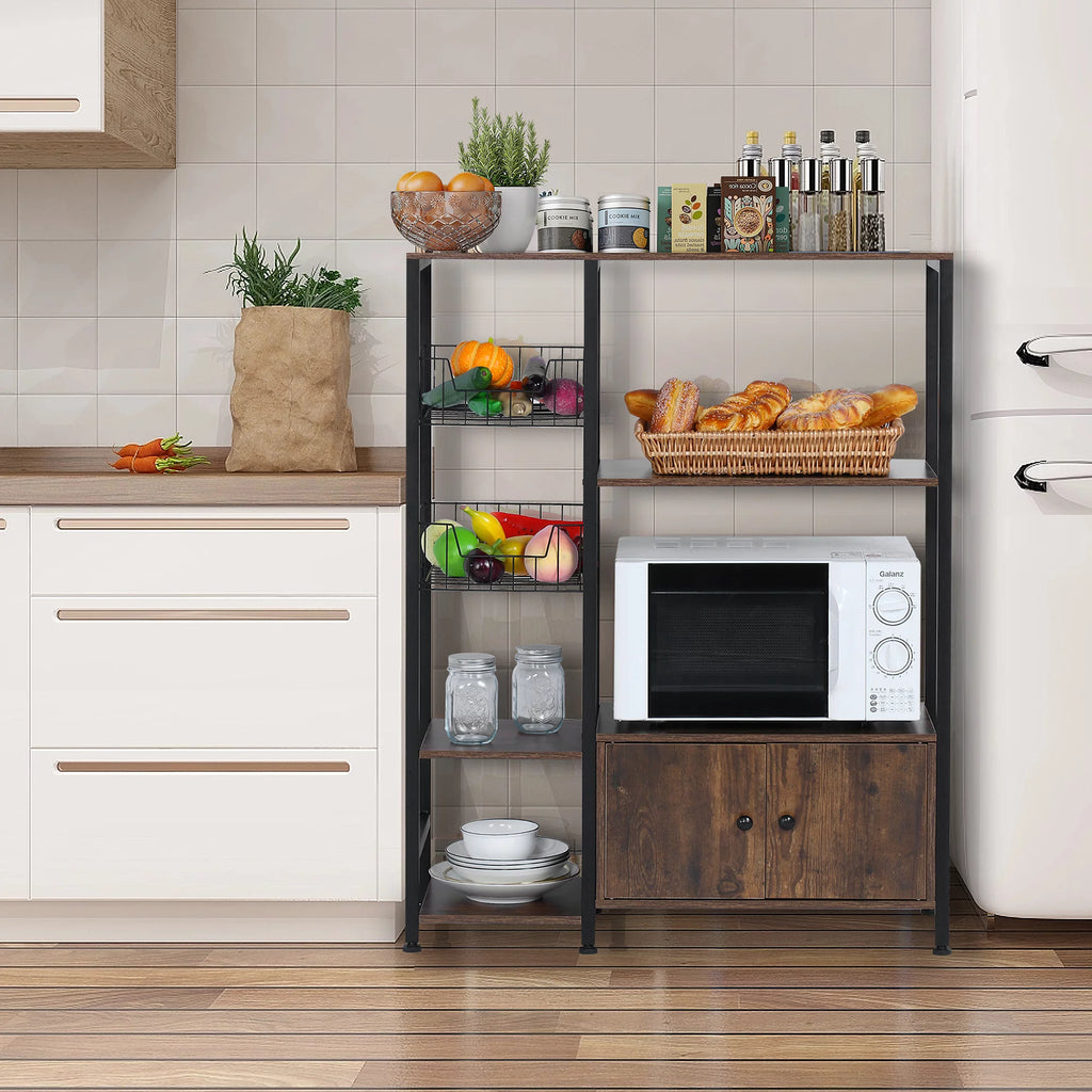 5-Tier Wood Brown Kitchen Bakers Rack with Cabinet R71854