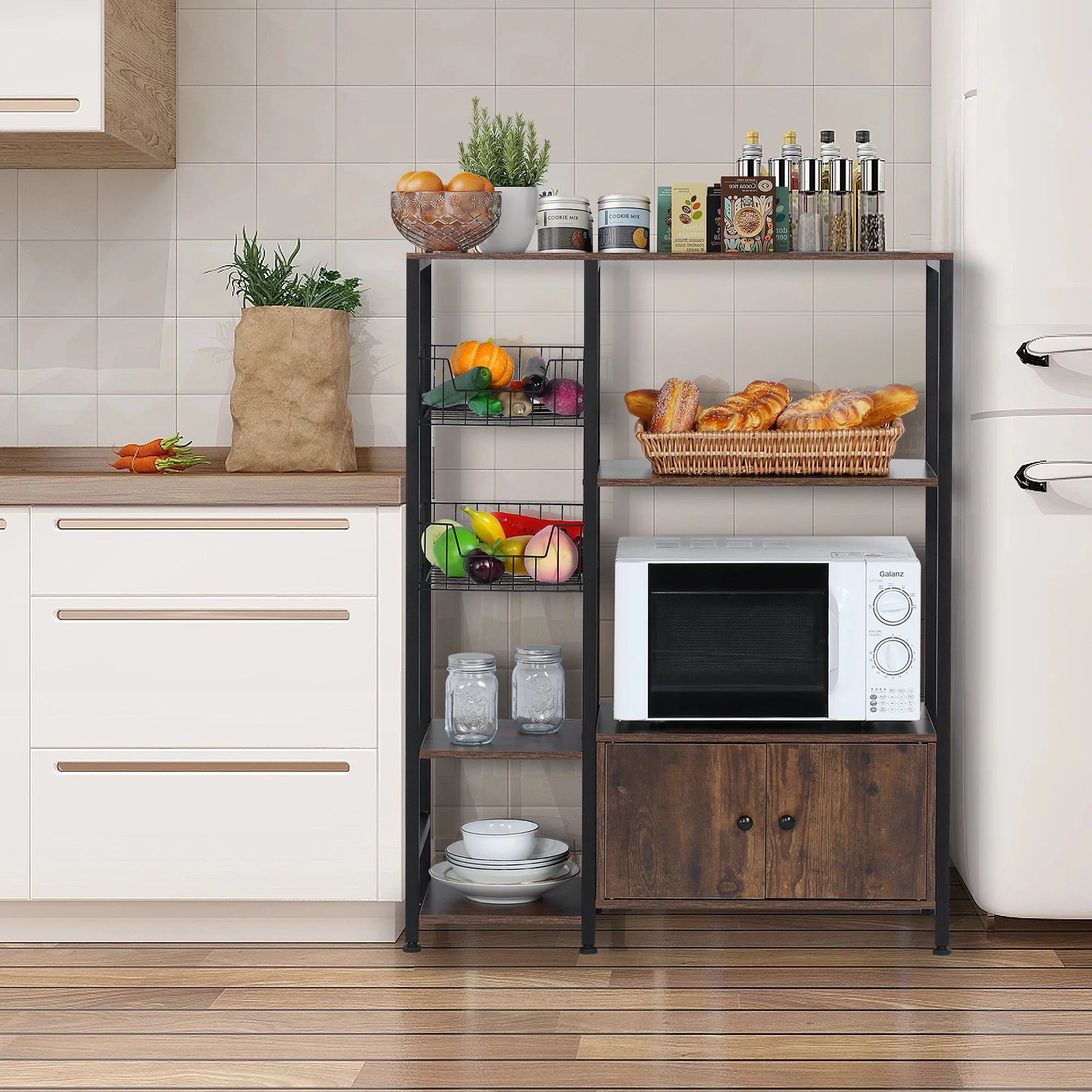 5-Tier Wood Brown Kitchen Bakers Rack with Cabinet R71854