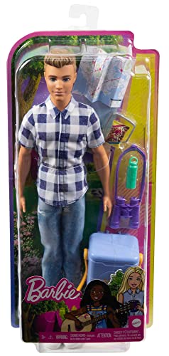 Camping Set with Blonde Ken Doll in Plaid Shirt & Accessories Including Cooler, Map M54320