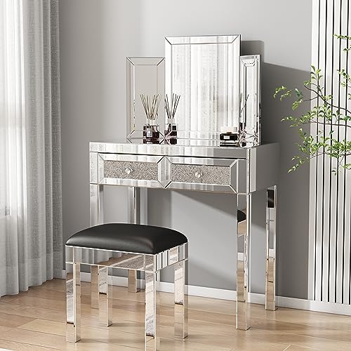 Mirrored Vanity Dressing Table Set with 2 Drawer Storage F126