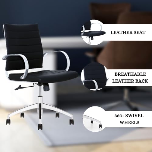Black Ribbed Mid Back Conference Room Chairs with 360 Swivel Rolling Wheels (Pack of 8) I585