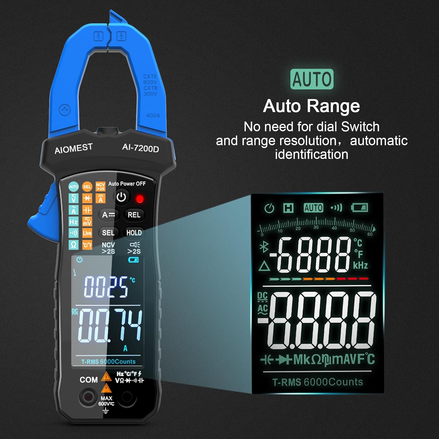 6000 Counts Auto-Range True-RMS Digital Clamp Meter Y585