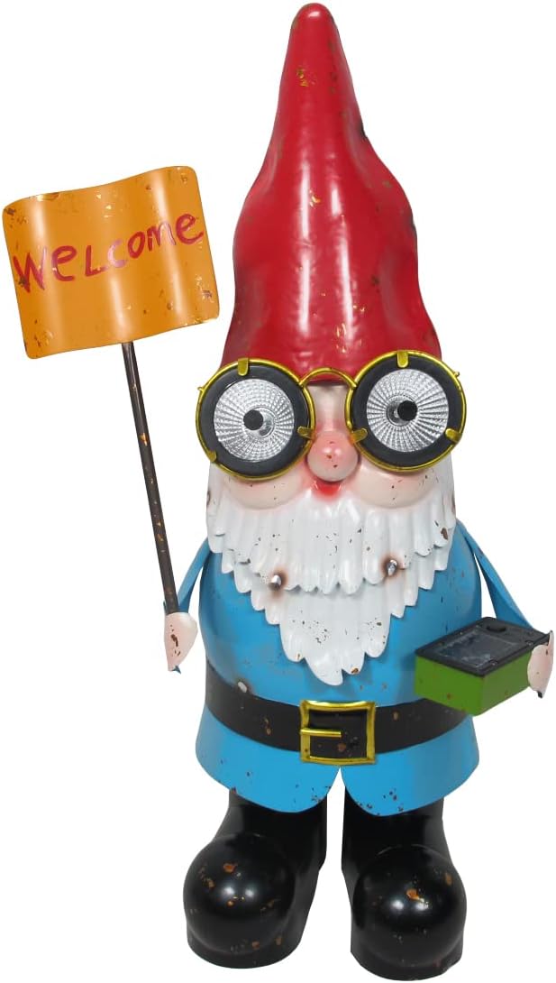 Metal Garden Gnome Statue with Solar Lighted Eyes J2752