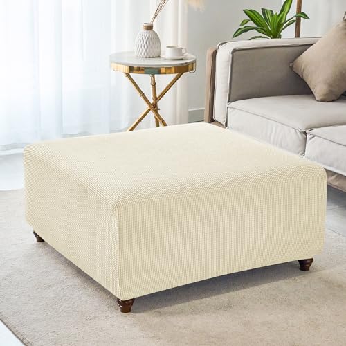 Beige Knitted Jacquard Square Ottoman Cover with Elastic Bottom Y2350