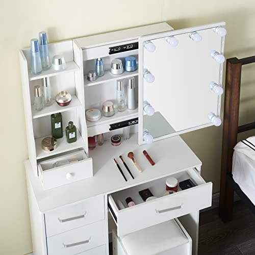 White Makeup Vanity Desk with Lights and Mirror and Drawers V9292