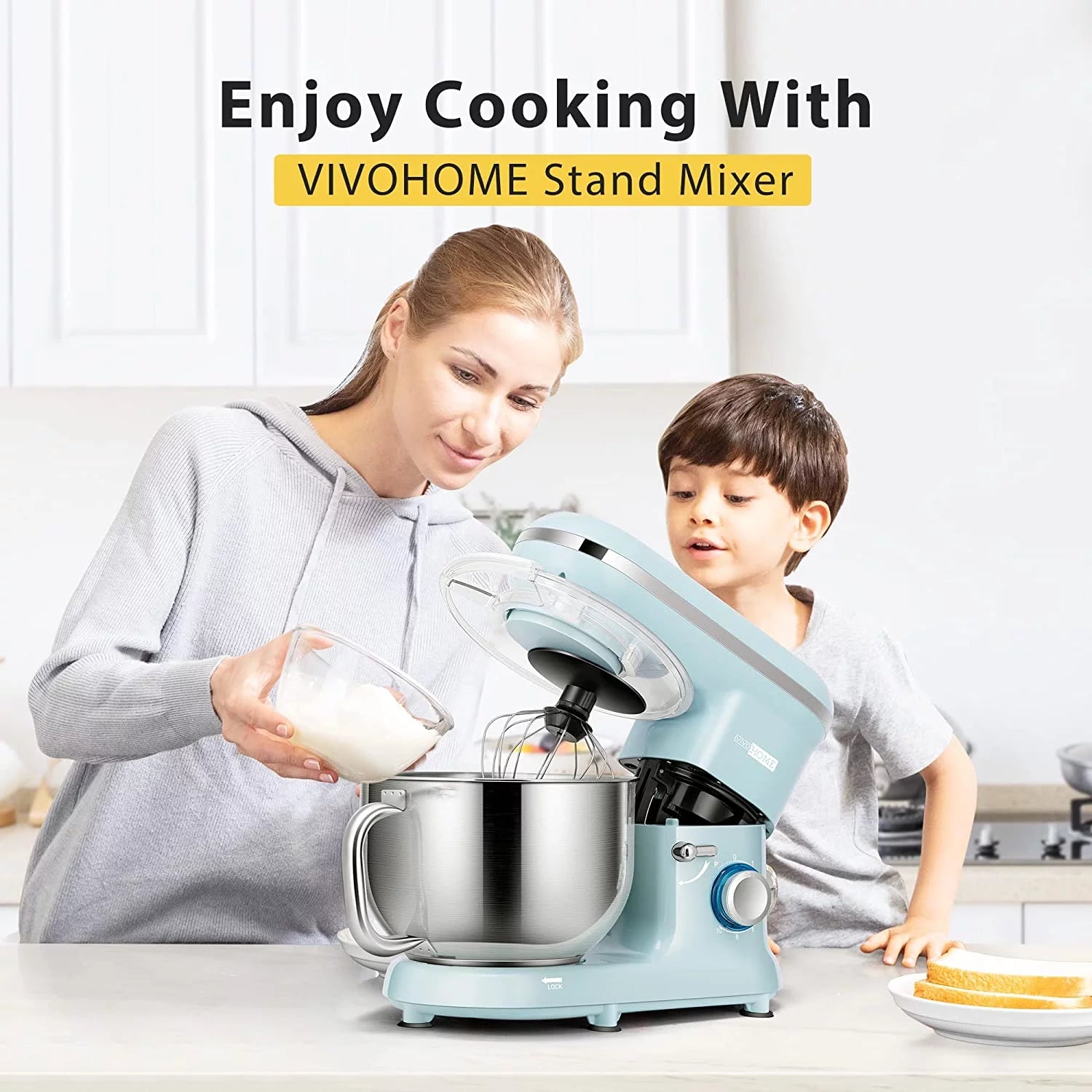 660W 10 Speed 6 Quart Tilt-Head Electric Stand Mixer with Beater, Dough Hook, Wire Whip and Egg Separator, Blue Y48329