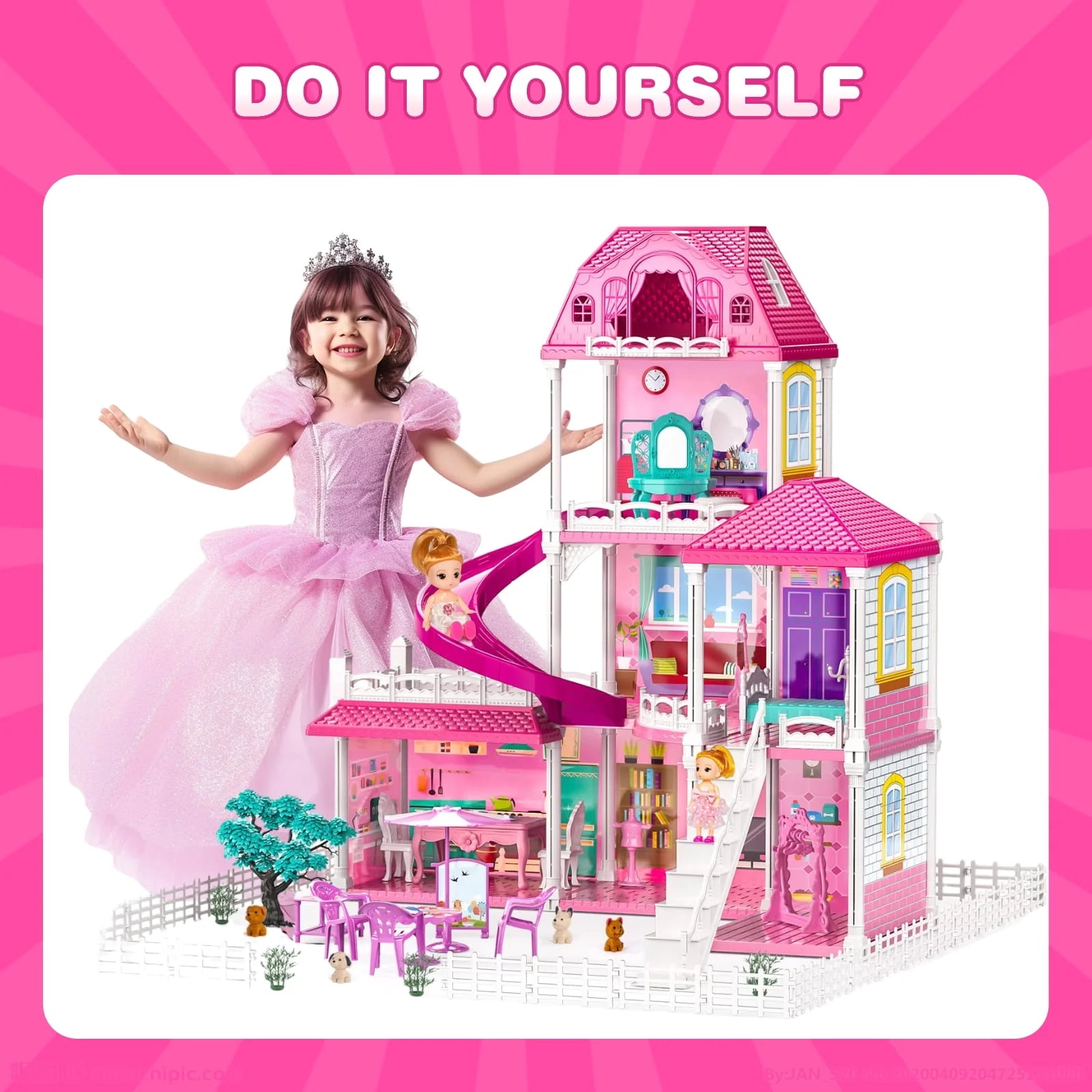 4-Story 12 Rooms Dollhouse with 2 Dolls T78118