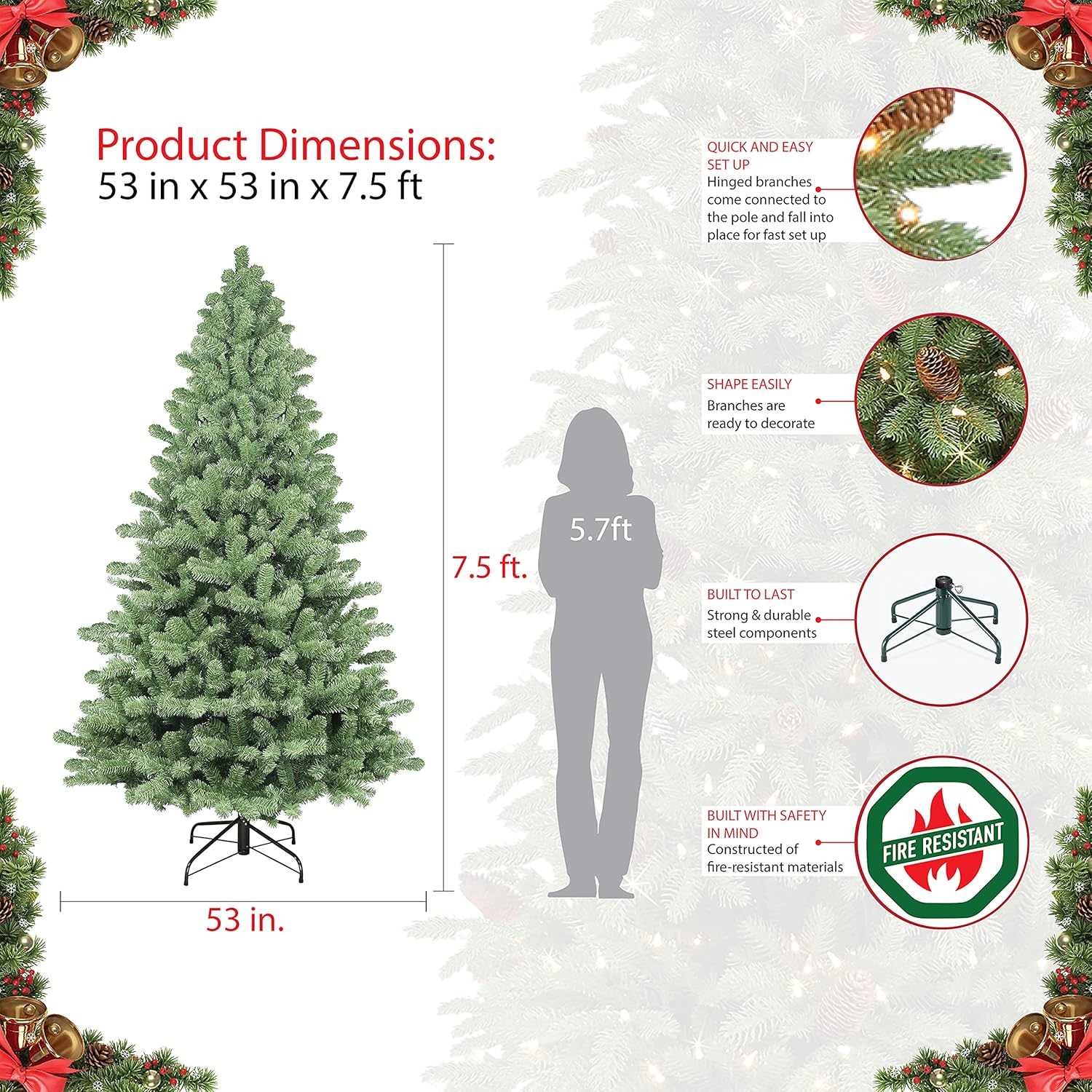 7.5' Pre Lit Artificial Christmas Tree with Clear Incandescent Lights I96381