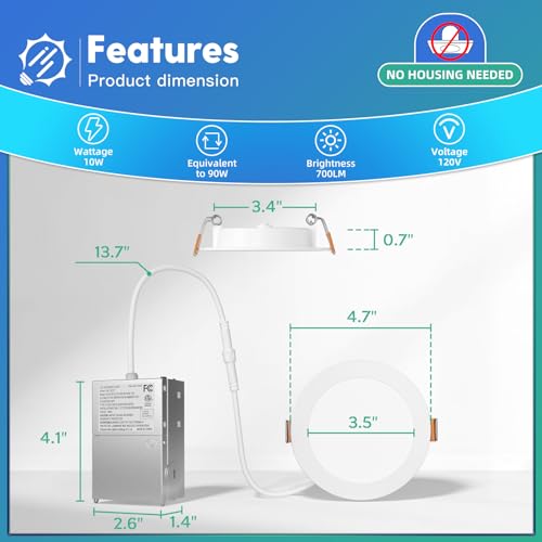 6 Pack 6 Inch Ultra-Thin LED Recessed Ceiling Light with Junction Box, Selectable 2700K/3000K/3500K/4000K/5000K, Dimmable B2703