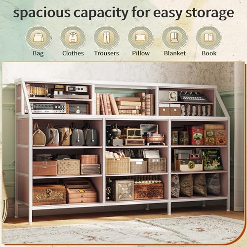 55" W Rustic Brown Dresser with 13 Fabric Drawers and 2 Open Shelves Y393146