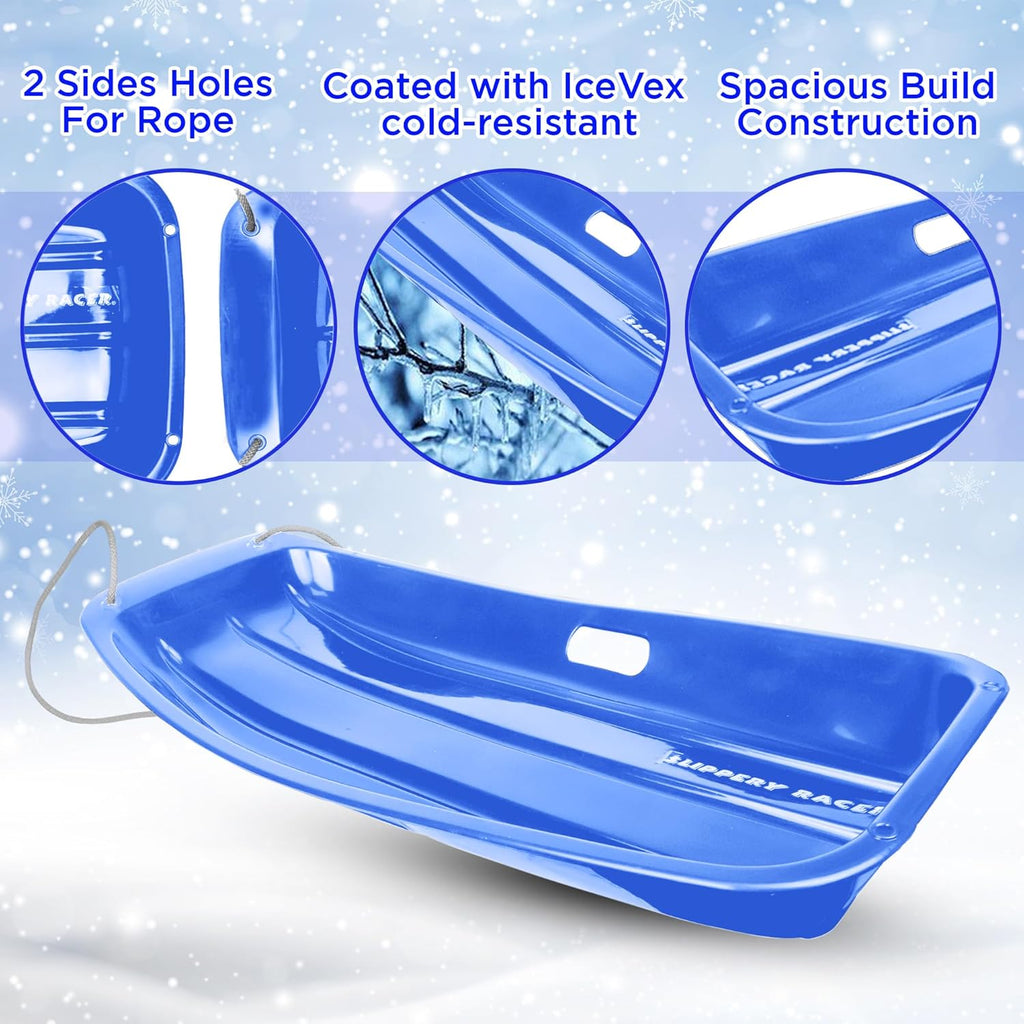Blue 3 Pack Plastic Toboggan Snow Sled with Handles and Pull Rope F2508