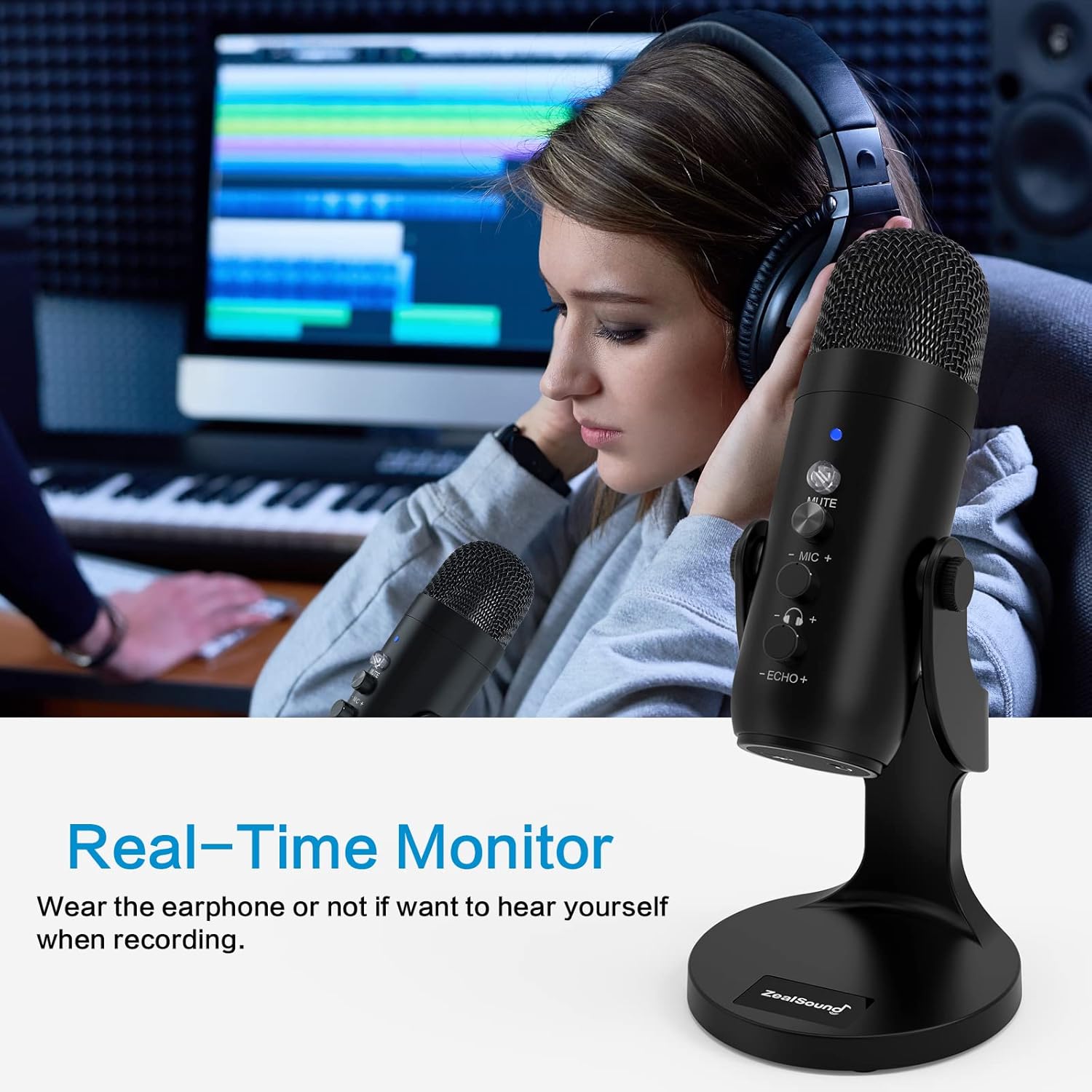 Black USB Condenser Microphone with Headphone Output and Volume Control T778