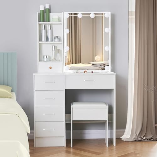 White Makeup Vanity Desk with Lights and Mirror and Drawers V9292