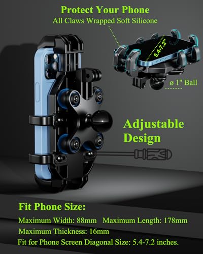 Motorcycle Phone Holder with Vibration Dampener, Adjustable Handlebar Cradle Fit 5.4''-7.2'' Smartphone A167