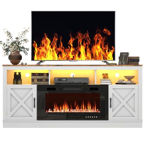 Grey 70 Inch TV Stand with Electric Fireplace and Barn Door Cabinet I6852