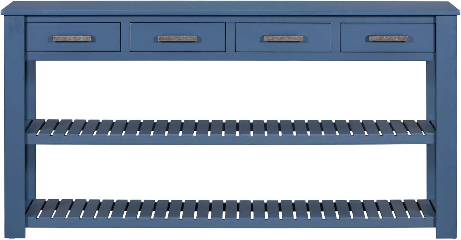 Navy Blue Acacia Wood Console Table with 4 Drawers and 2 Shelves E9300