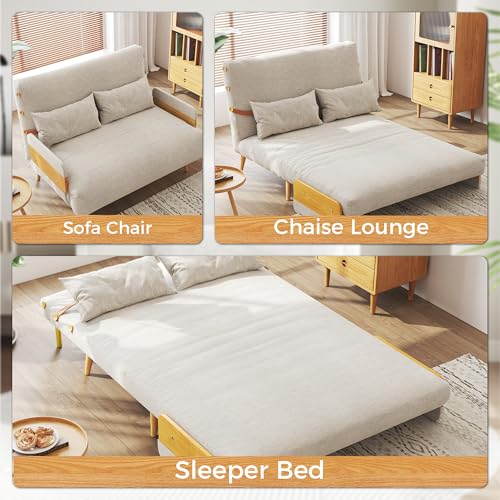 Linen Convertible Chair Bed Sleeper with Wooden Arms Y254714