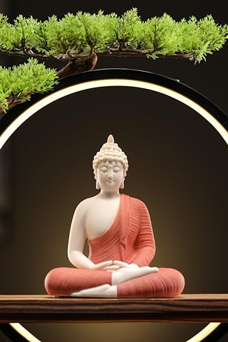 White Ceramic Buddha Statue with Green Artificial Tree and LED Circle Table Lamp, 16.5 in G735756