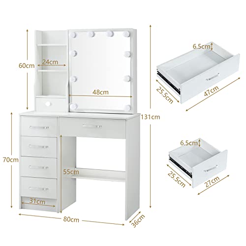 White Makeup Vanity Desk with Lights and Mirror and Drawers V9292