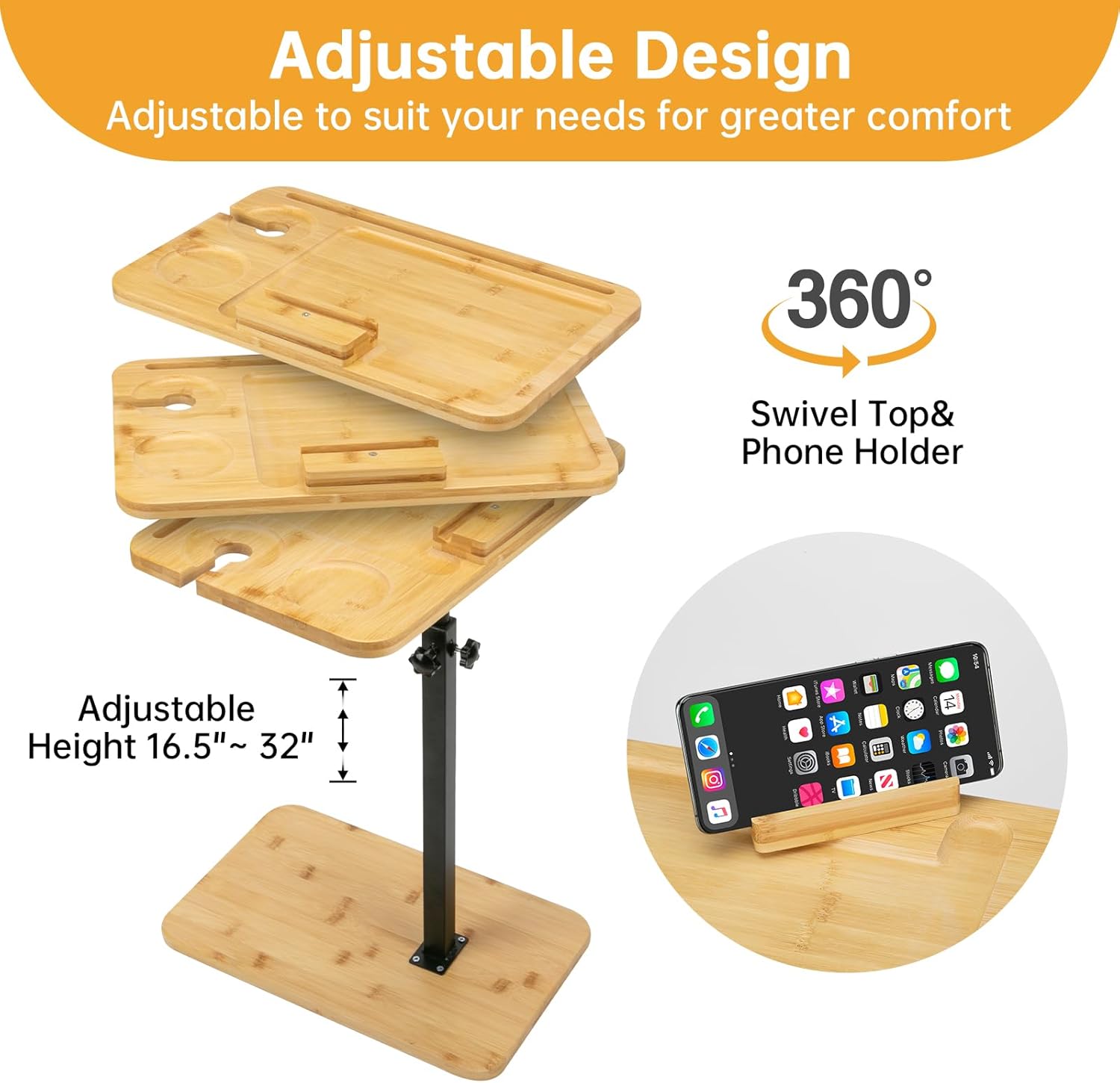 Bamboo Swivel Couch Tray Table with Phone Stand V335853