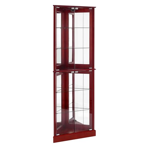 72" Tall Corner Cabinet with LED Light, Glass Doors, Adjustable Shelves, Mirrored Back Panel, Curved Wood P303839