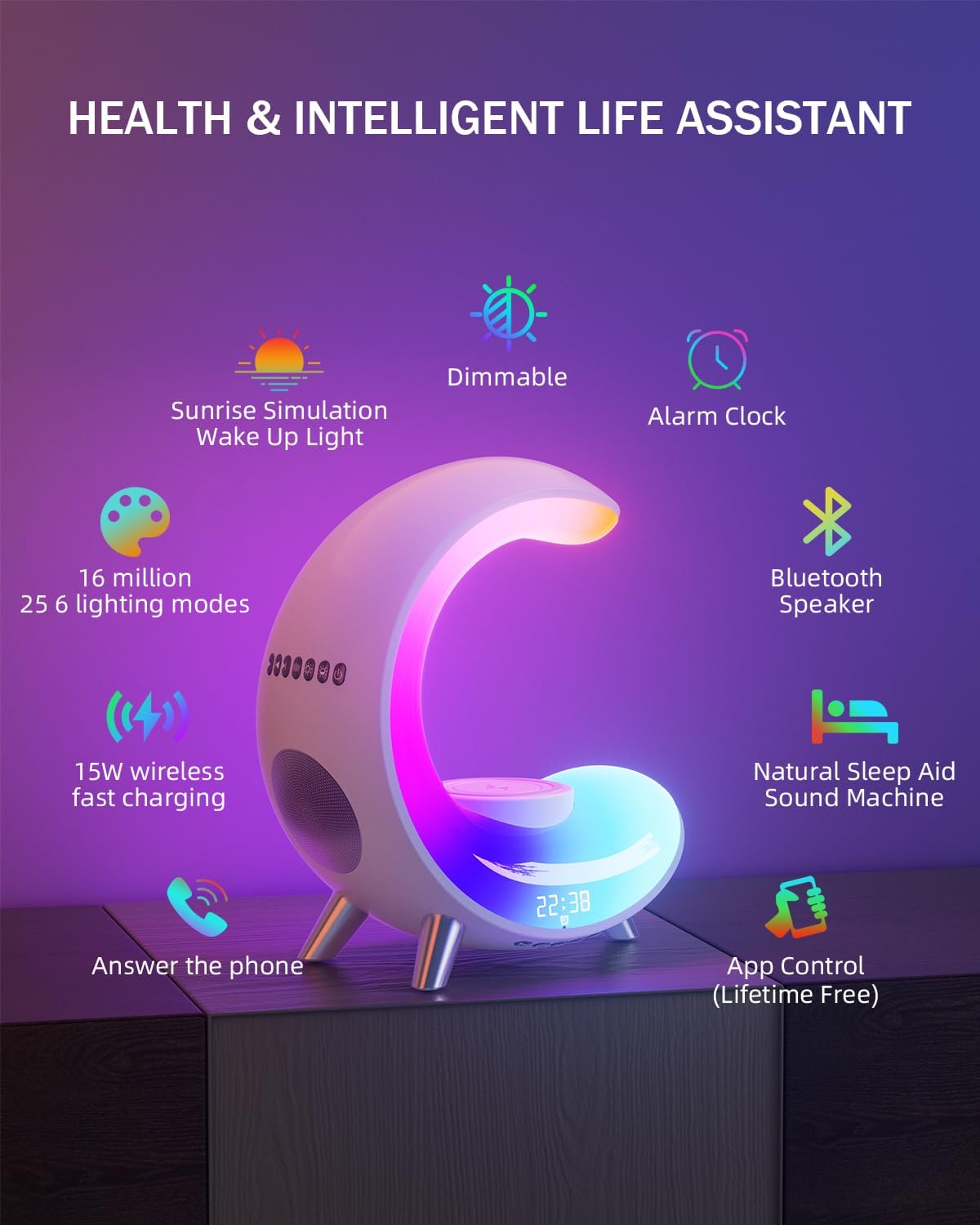 Desk Lamp with Wireless Charger, Bluetooth Speaker Alarm Clock, Color-Changing Ambient Light P53917
