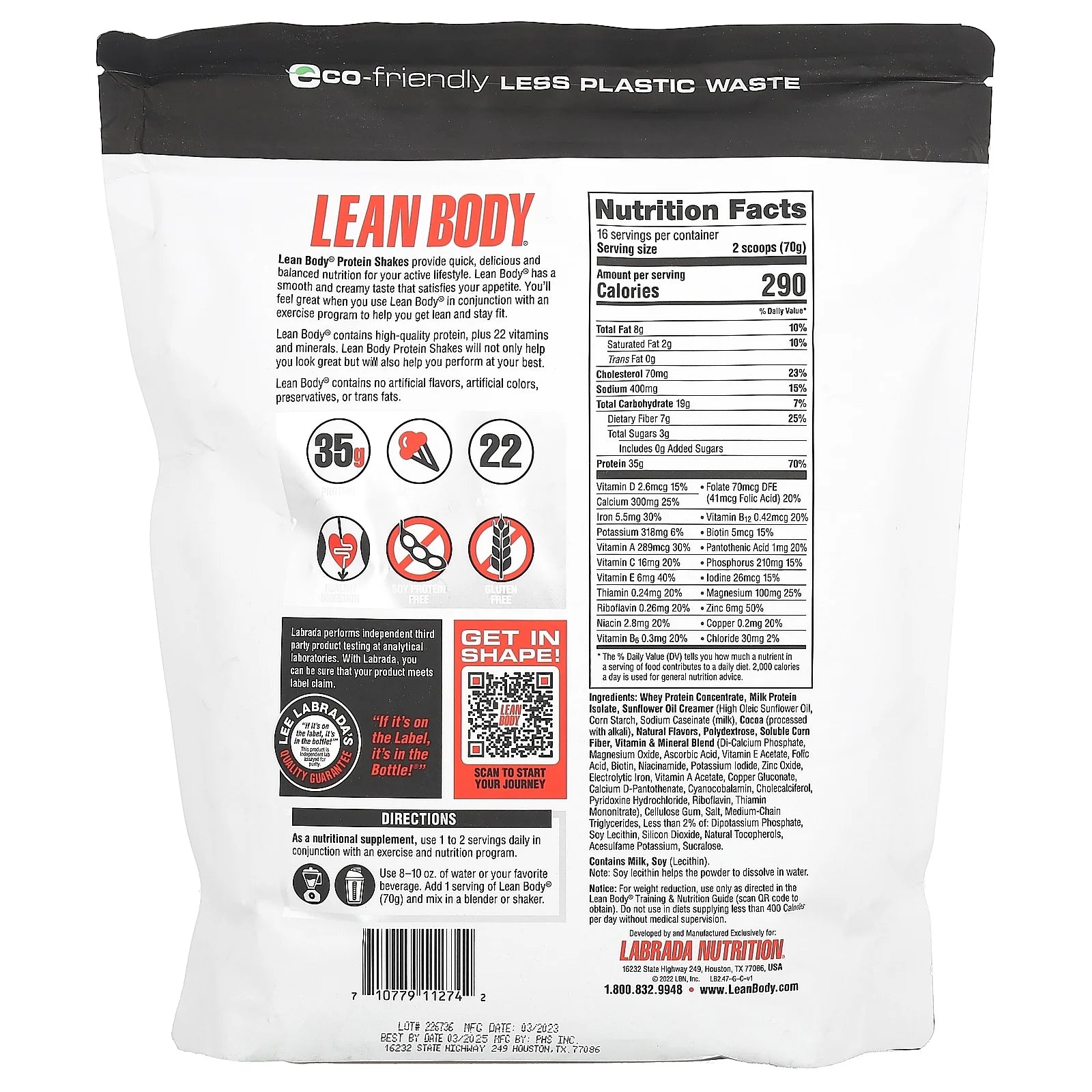 Chocolate Protein Powder, 35g Protein, 2.47 Lb M34477