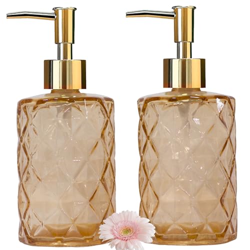 Green Glass Soap Dispenser Set with Black Pump, 13.5oz Refillable (2 Pack) D375746