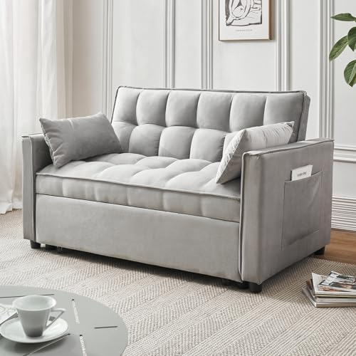Beige Velvet Convertible Sleeper Sofa Bed J781430